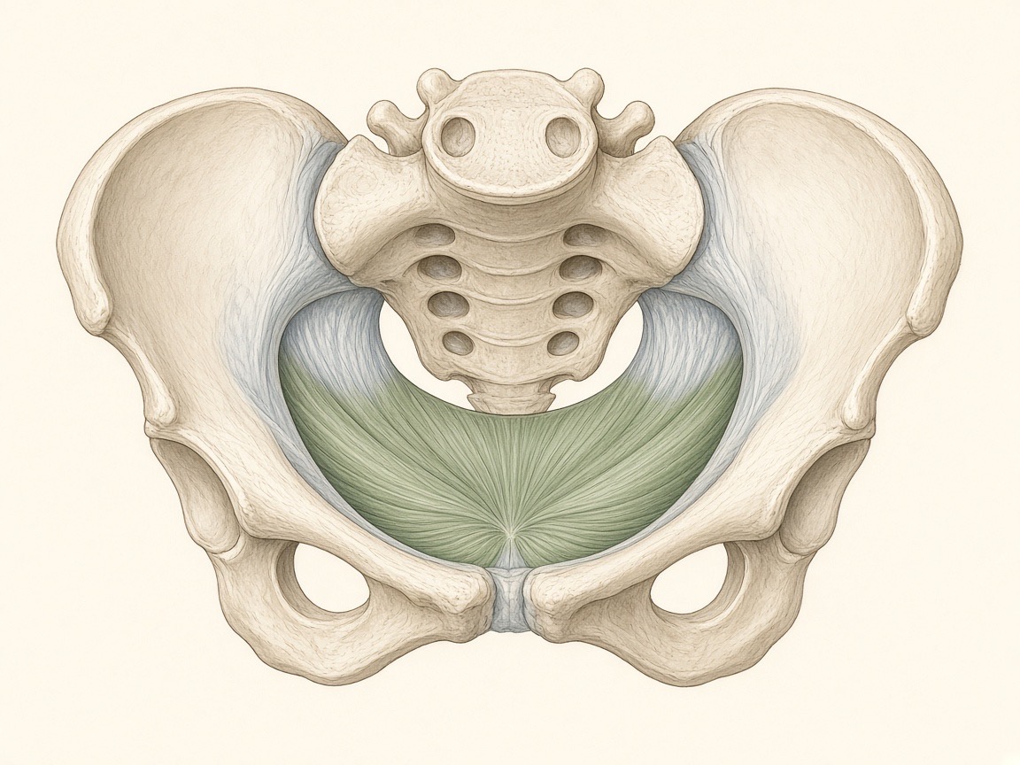 Anatomical drawing of the pelvis from above, with the pelvic floor muscle layer highlighted between the pelvic bones